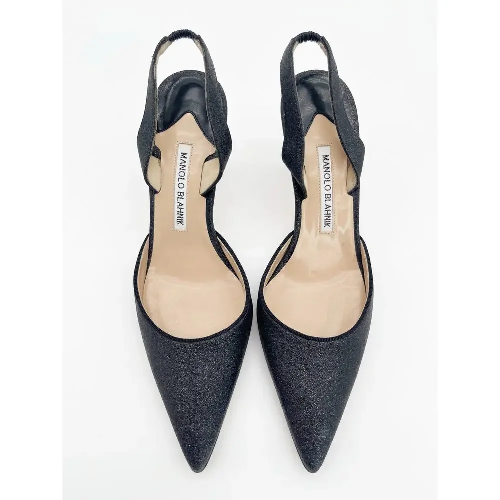 Manolo Blahnik Carolyne Black Glitter Pointed Toe Slingback Stiletto Heels IT 38